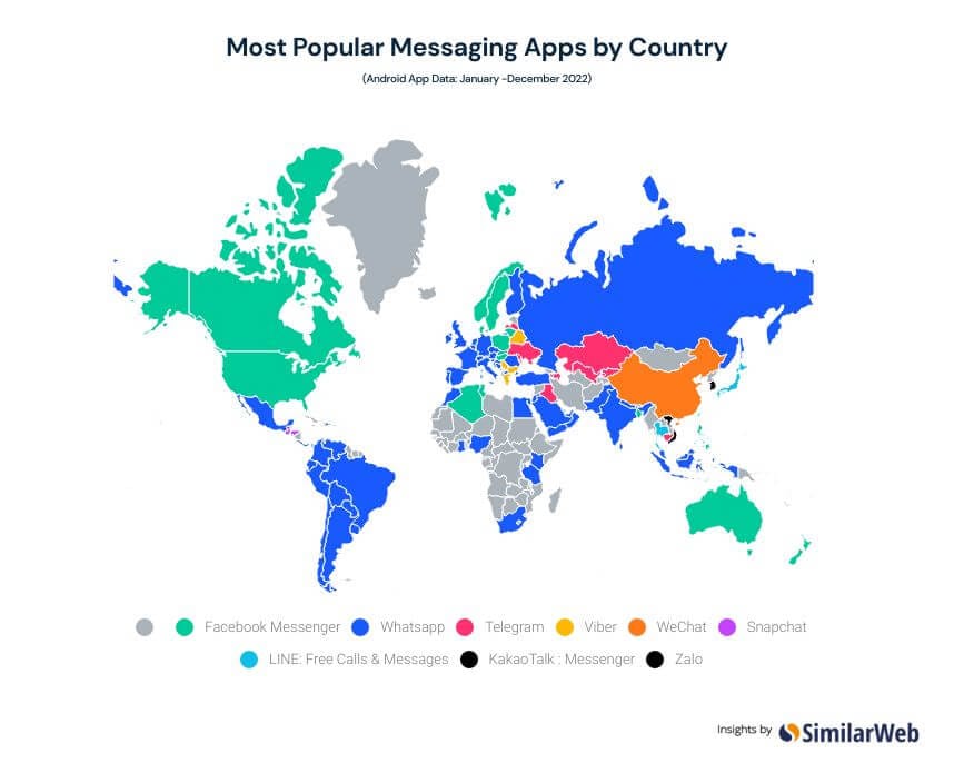 The most popular messaging  app per country