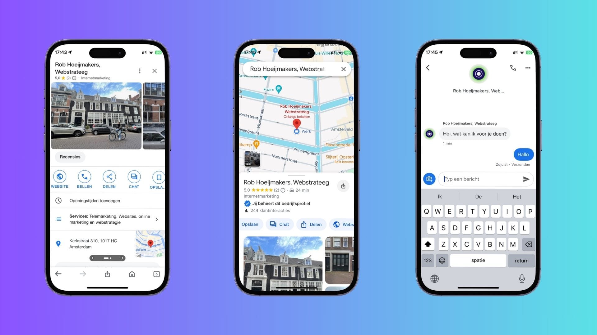 Google Company profile with chat in Google App and Google Maps