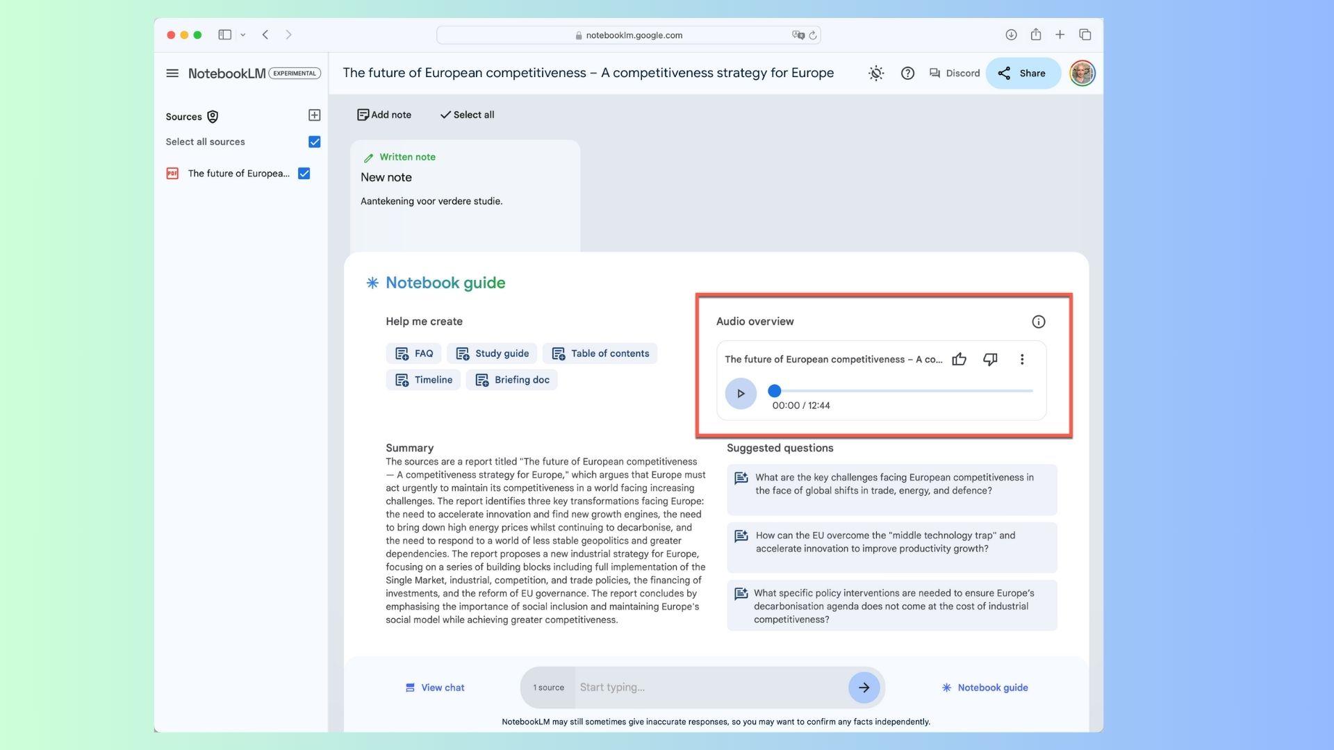 Google's NotebookLM with the PDF, the chat interface and the generated audio.